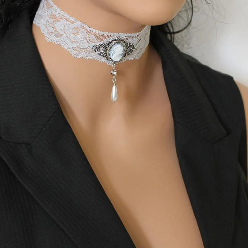 Dainty Grey Lace Cameo Victorian Choker - Gothic Grace Inc