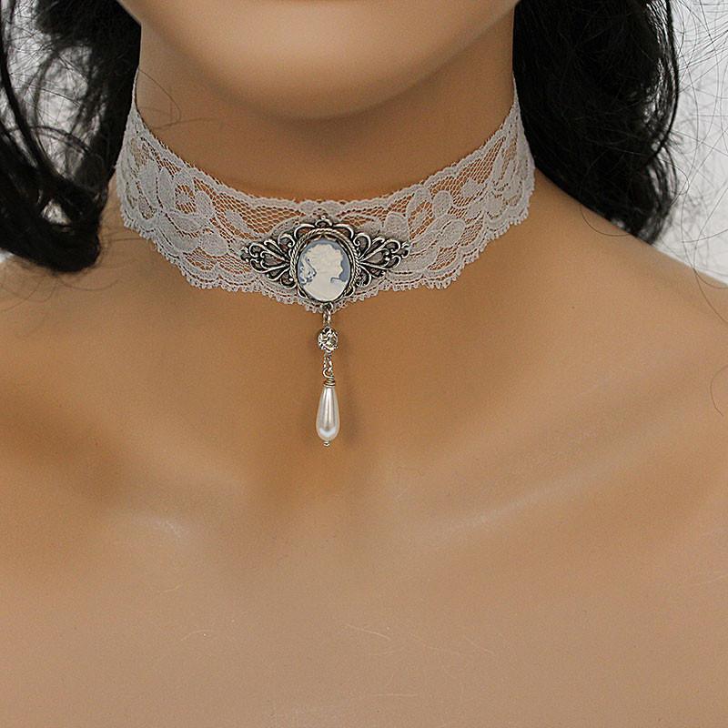 Dainty Grey Lace Cameo Victorian Choker - Gothic Grace Inc