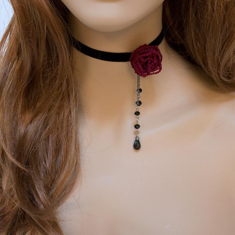 Dainty Red Rose Black Velvet Victorian Choker - Gothic Grace Inc