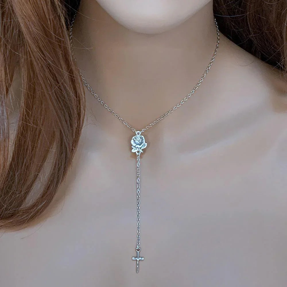 Dainty Rosebud Cross Necklace - Gothic Grace Inc