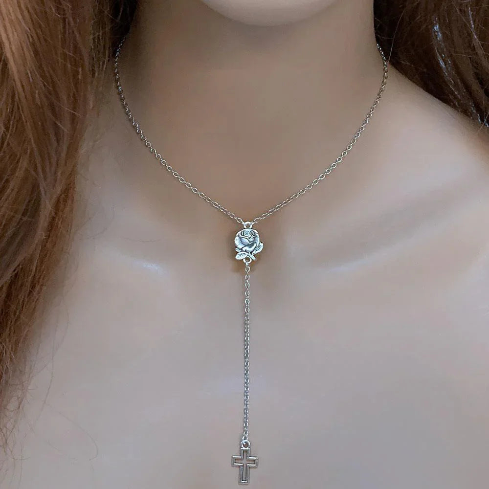 Dainty Rosebud Cross Necklace - Gothic Grace Inc