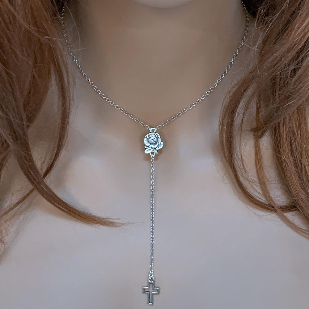 Dainty Rosebud Cross Necklace - Gothic Grace Inc