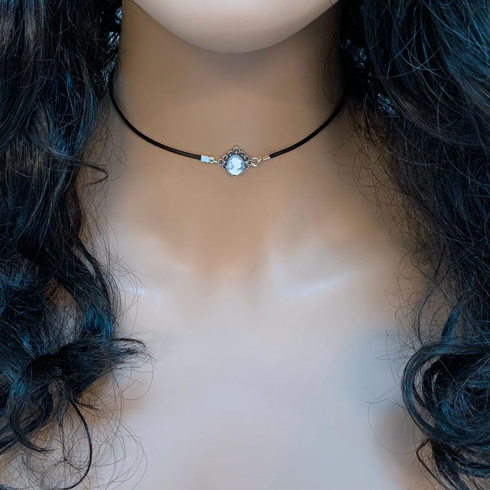 Dainty Victorian Blue Cameo Choker Necklace - Gothic Grace Inc