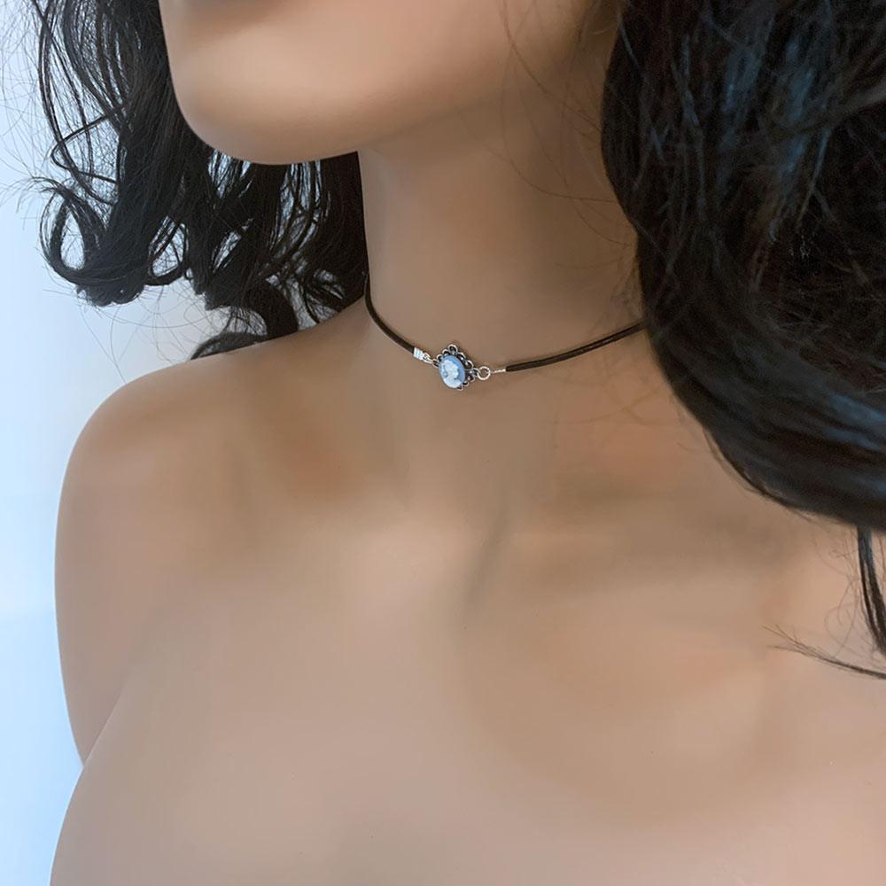 Dainty Victorian Blue Cameo Choker Necklace - Gothic Grace Inc