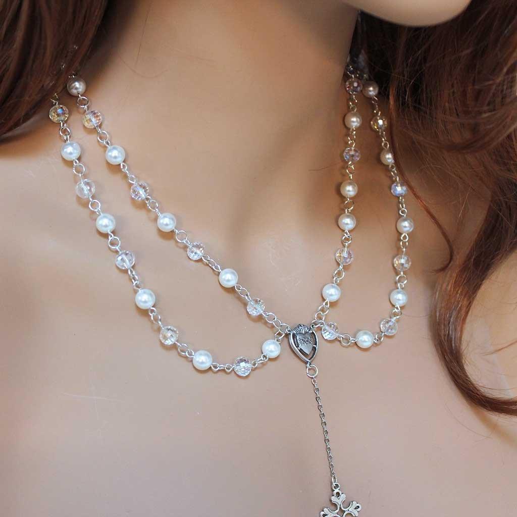 Double Strand Pearl Rosary Necklace Collar - Gothic Grace Inc