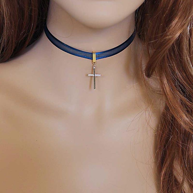 Gold Cross Blue Dainty Thin Choker Necklace - Gothic Grace Inc