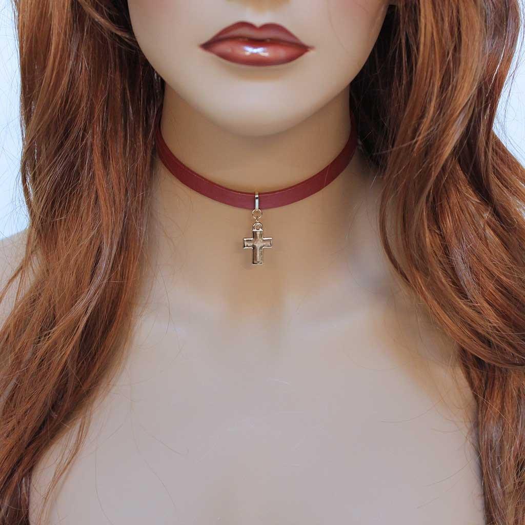 Gold Cross Red Leather Choker Necklace - Gothic Grace Inc