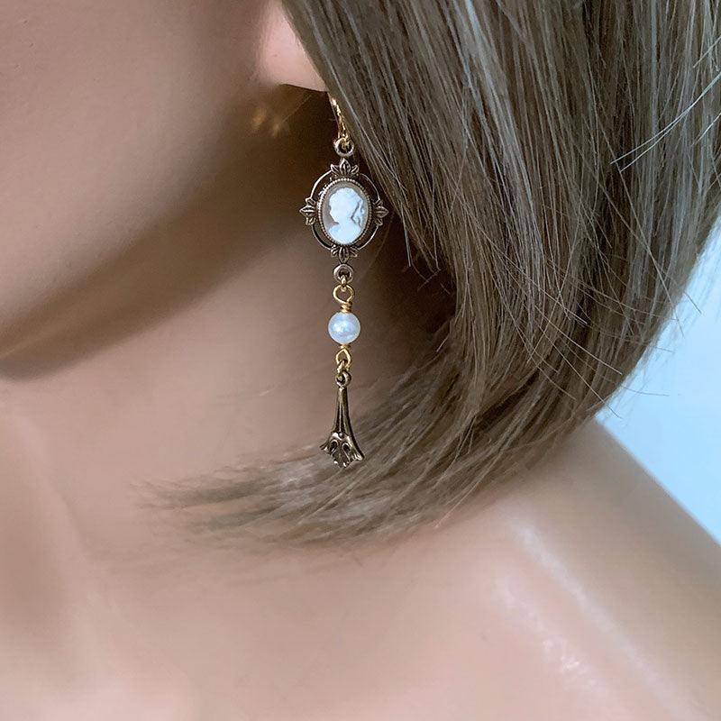 Gold Victorian Ivory Cameo Dangle Earrings - Gothic Grace Inc