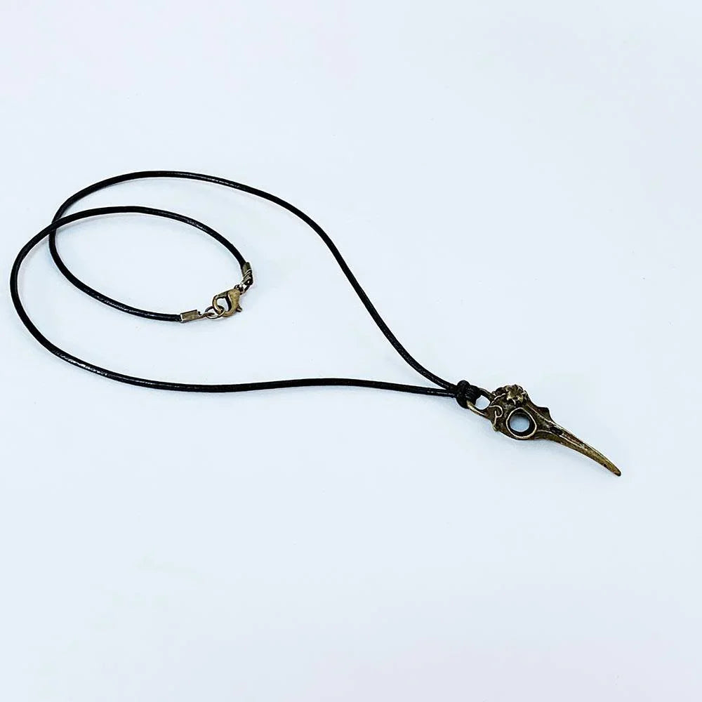 Gothic Antique Bronze Raven Skull Pendant Black Leather Necklace - Gothic Grace Inc