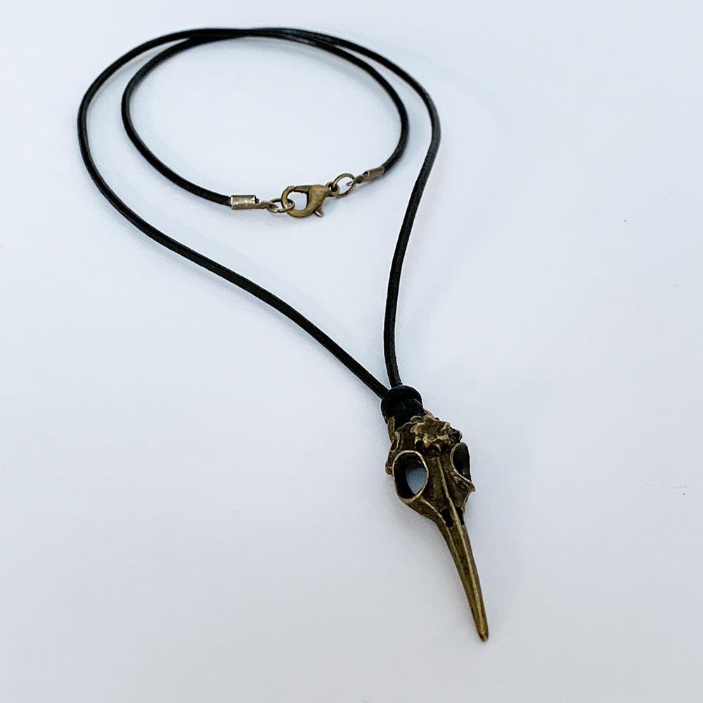 Gothic Antique Bronze Raven Skull Pendant Black Leather Necklace - Gothic Grace Inc