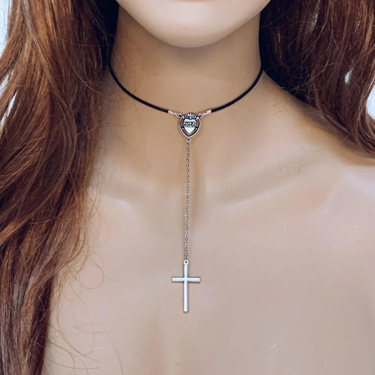 Gothic Black Leather Sacred Heart Choker Necklace - Gothic Grace Inc