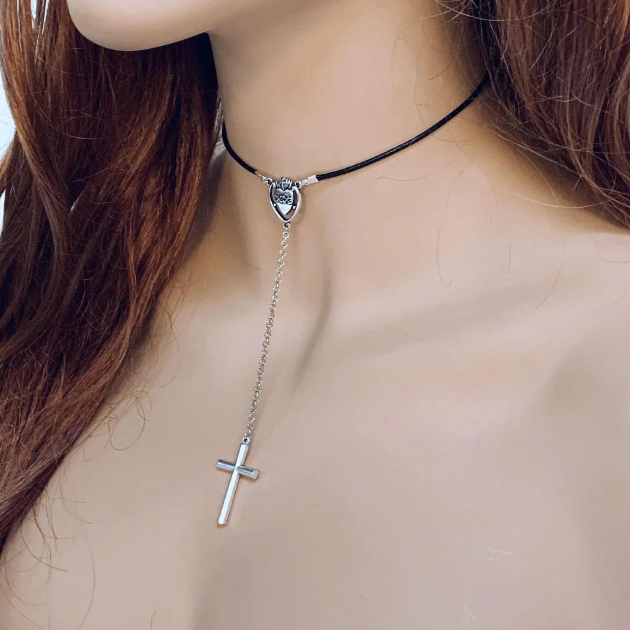 Gothic Black Leather Sacred Heart Choker Necklace - Gothic Grace Inc