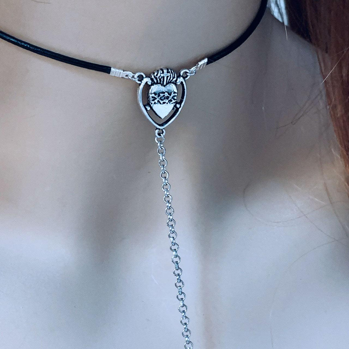 Gothic Black Leather Sacred Heart Choker Necklace - Gothic Grace Inc