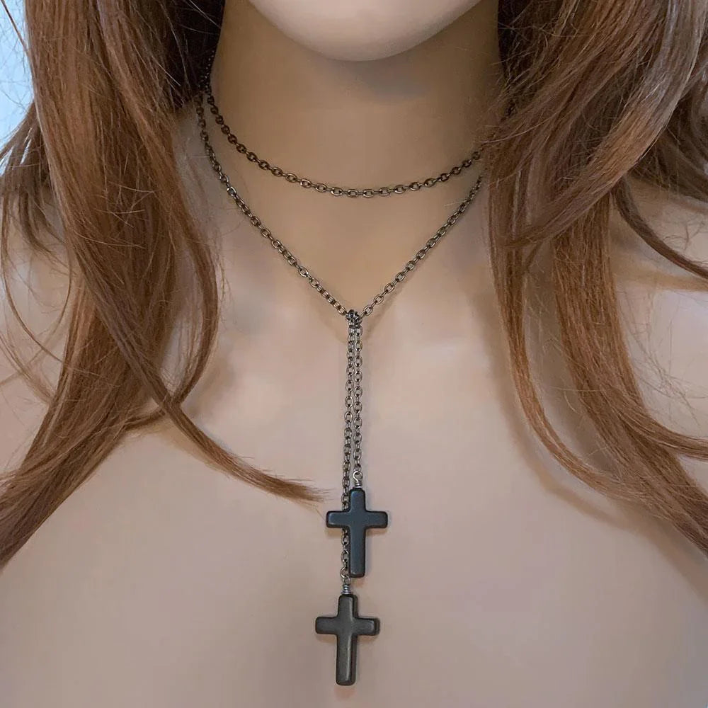 Gothic Double Cross Gunmetal Lariat Necklace - Gothic Grace Inc