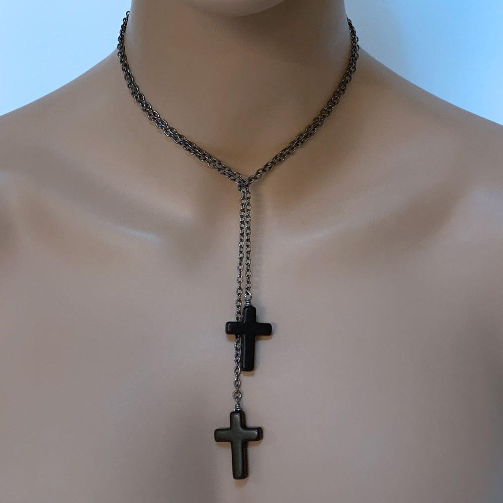 Gothic Double Cross Gunmetal Lariat Necklace - Gothic Grace Inc