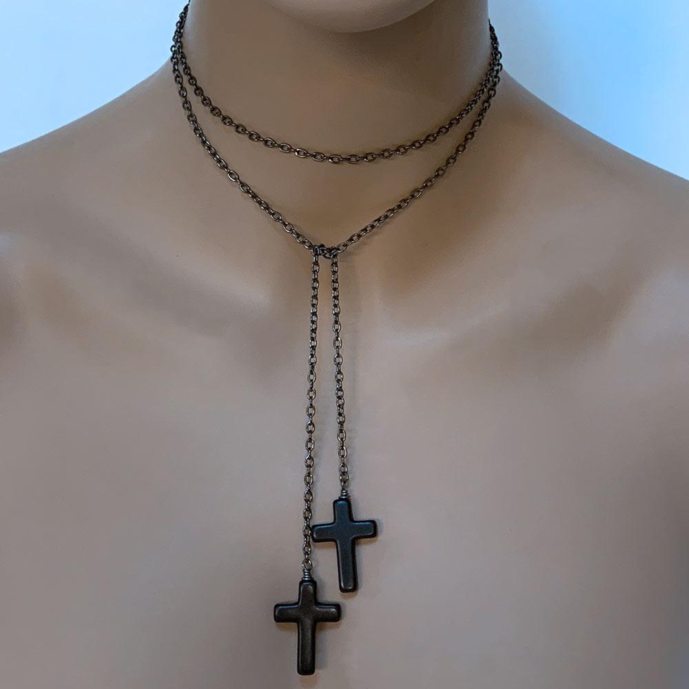 Gothic Double Cross Gunmetal Lariat Necklace - Gothic Grace Inc