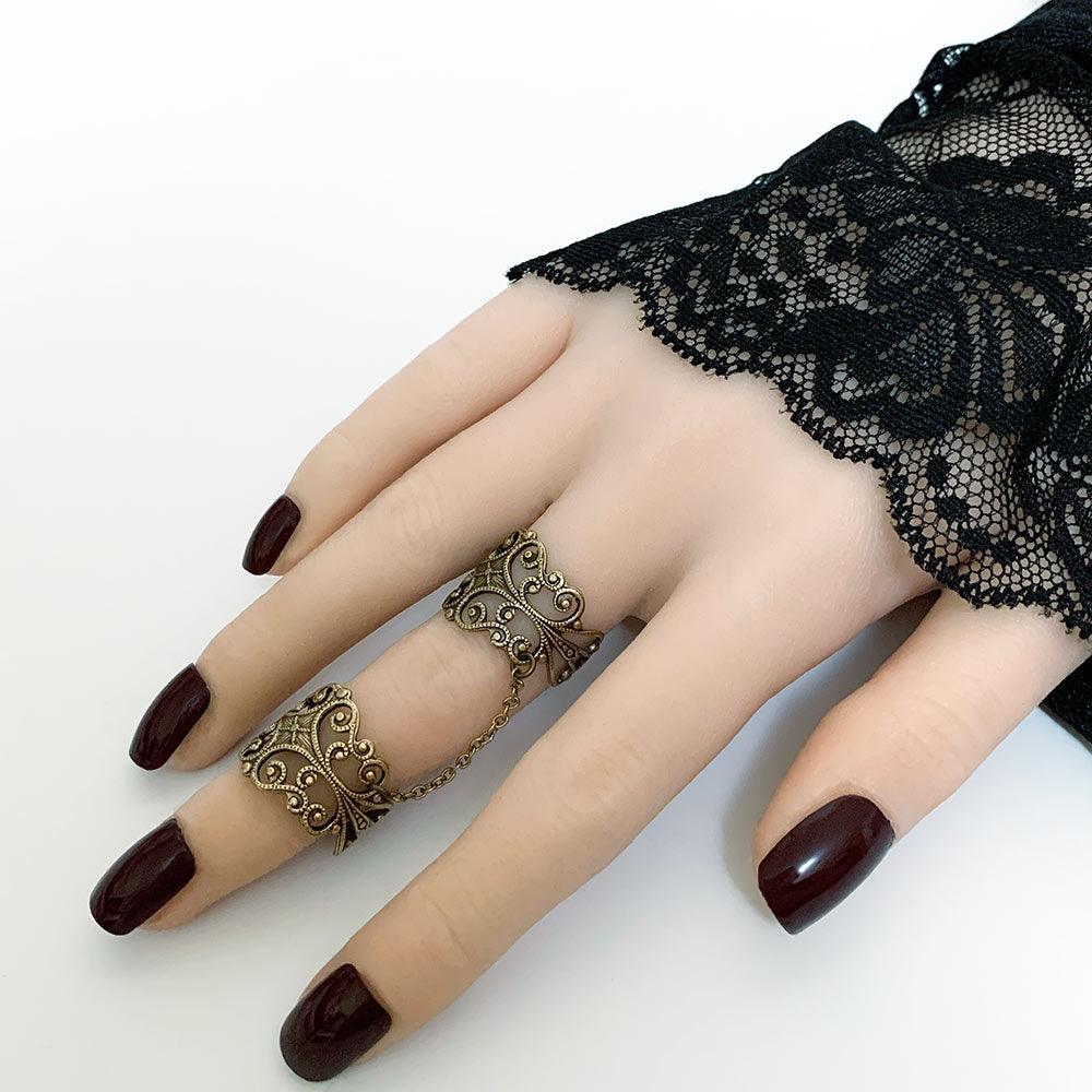 Leaf design double finger ring with four beaded chains – Odara Jewellery