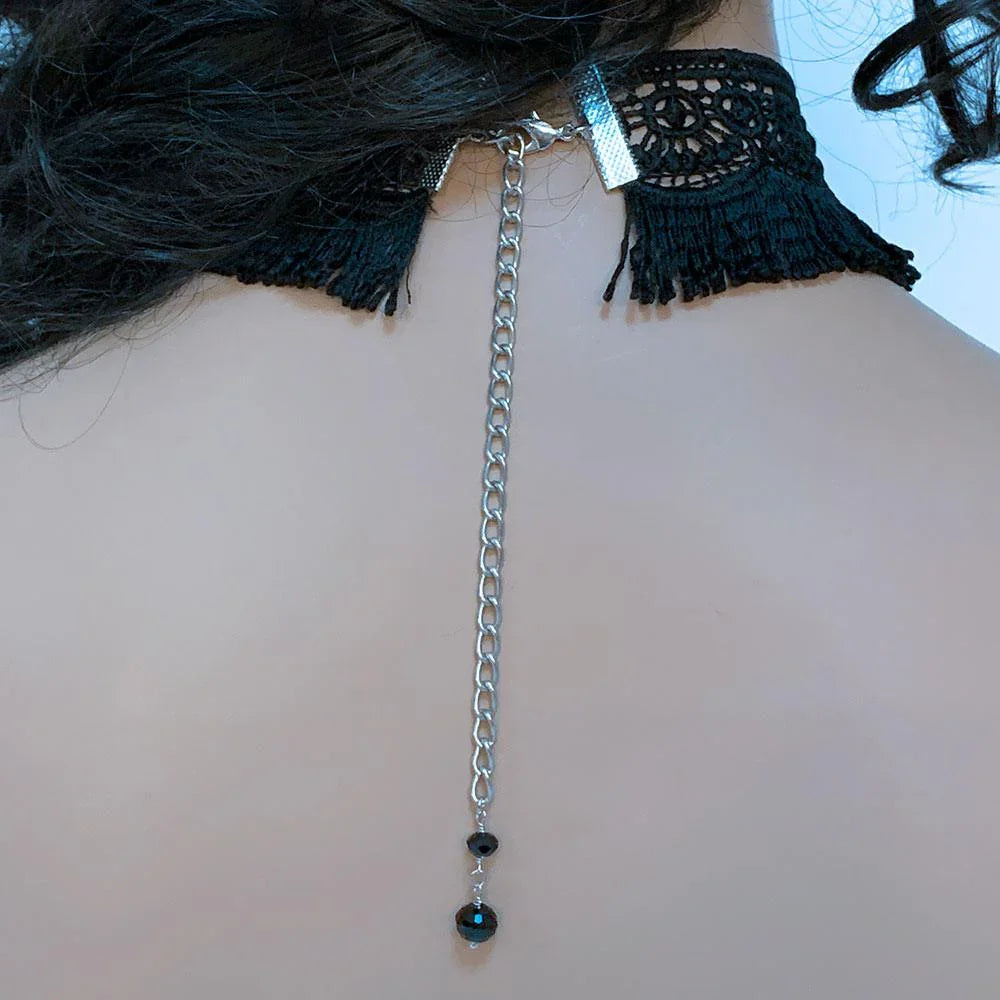 Gothic Victorian Black Fringed Lace Cameo Choker - Gothic Grace Inc