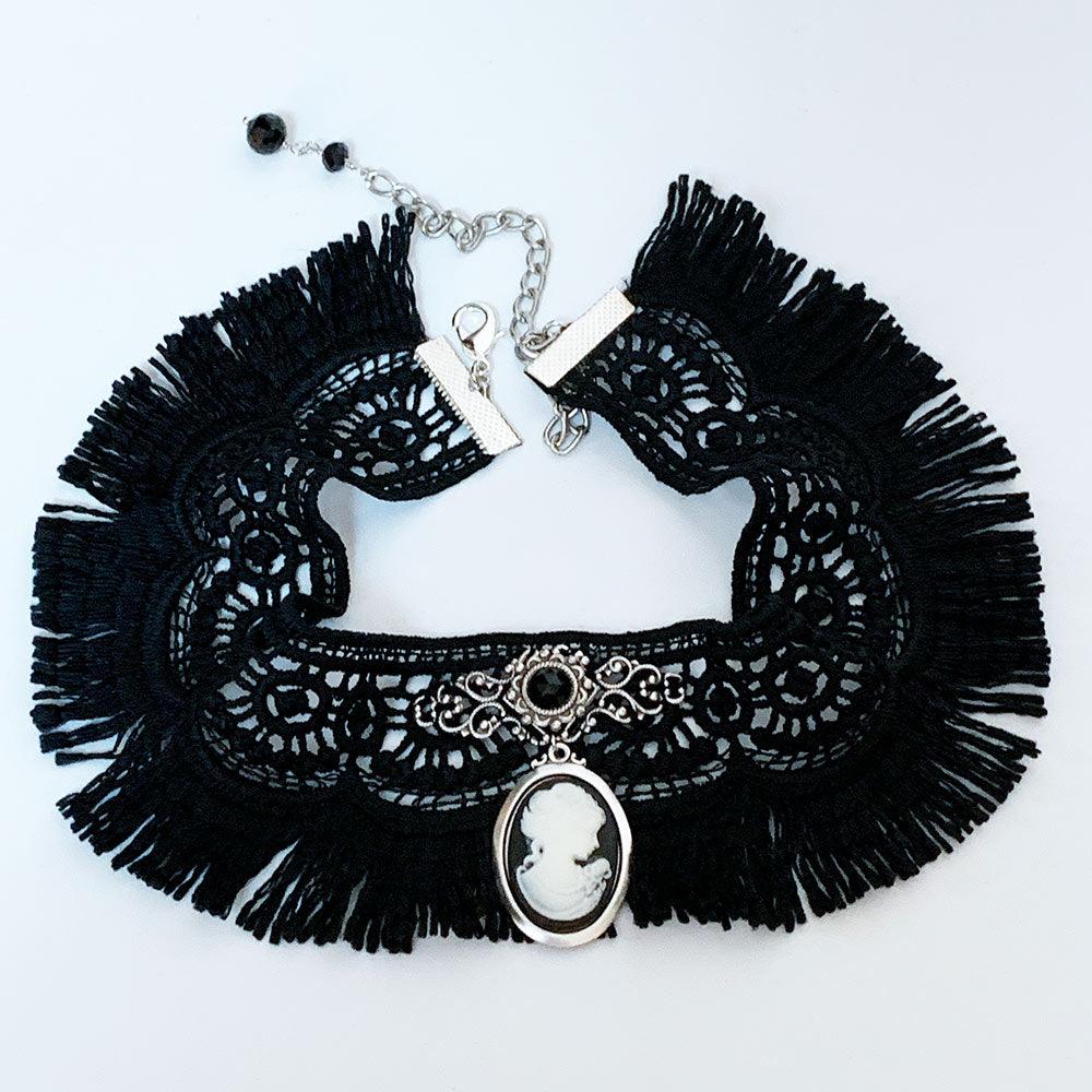 Gothic Victorian Black Fringed Lace Cameo Choker - Gothic Grace Inc