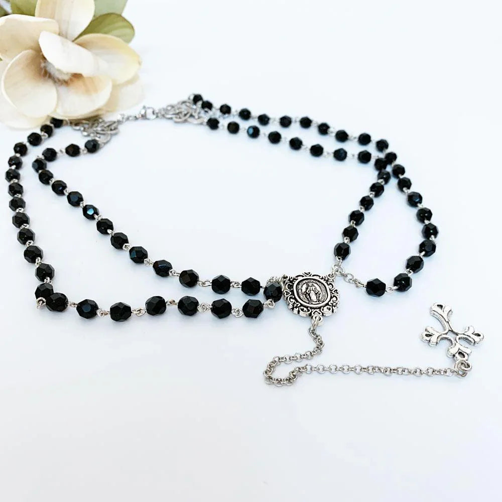Gothic Victorian Double Strand Black Rosary Necklace