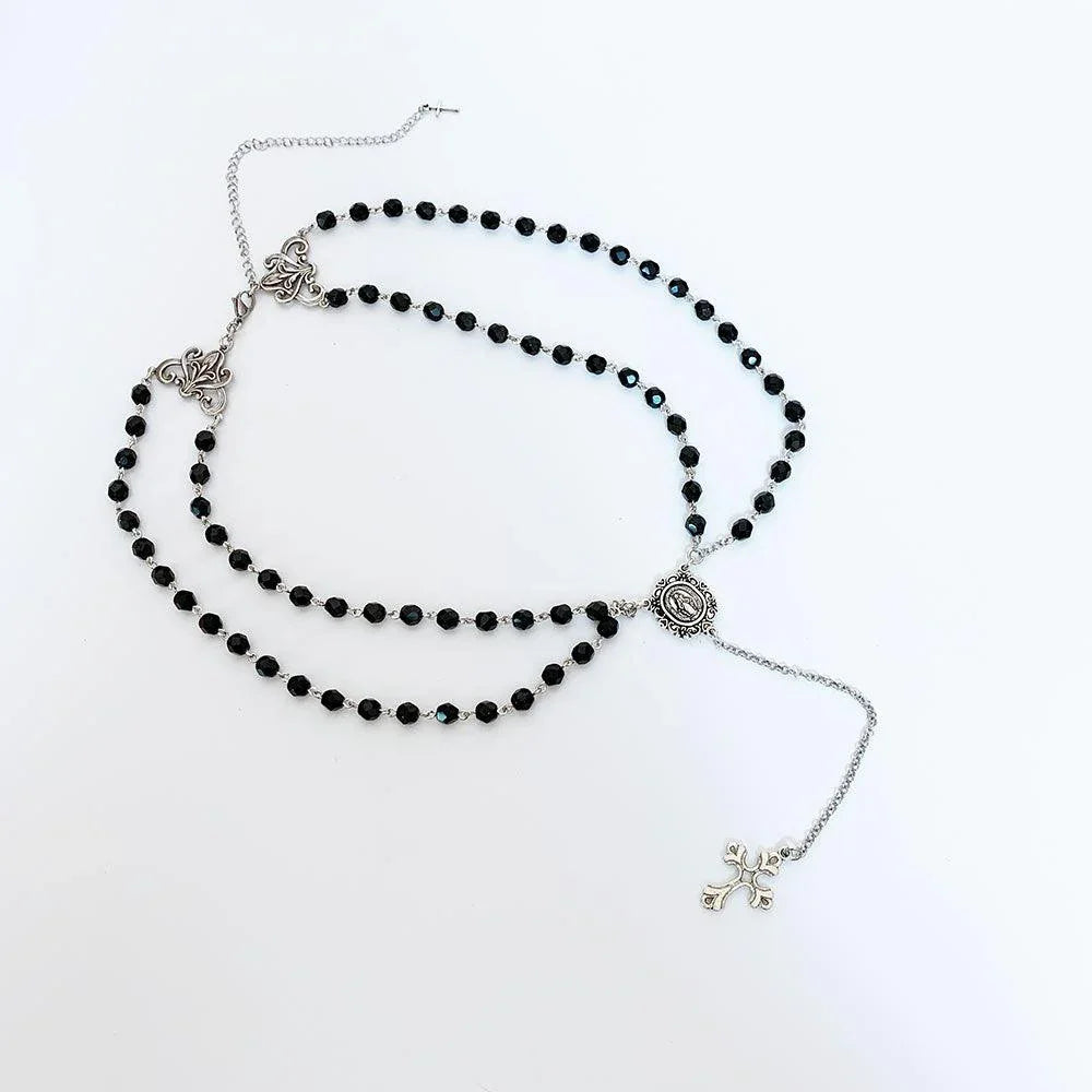 アクセサリー Vintage Black Rosary Necklace Vintage Style Black Rosary Bead Necklace with Pavé Crystal