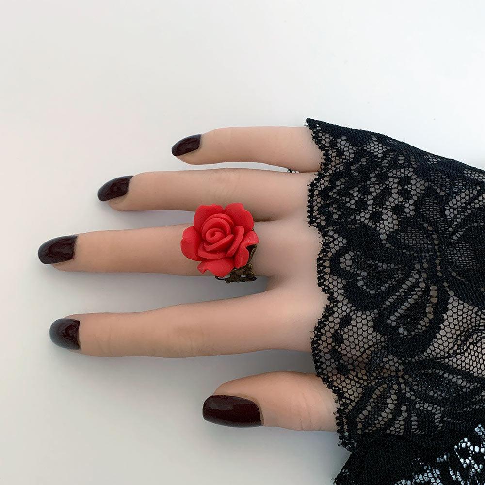 Gothic Victorian Red Rose Flower Ring - Gothic Grace Inc