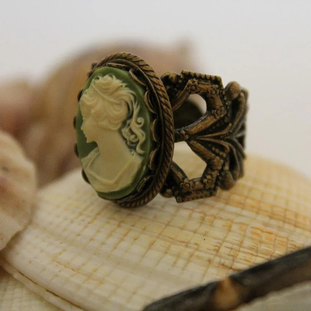 Green Cameo Brass Victorian Ring - Gothic Grace Inc