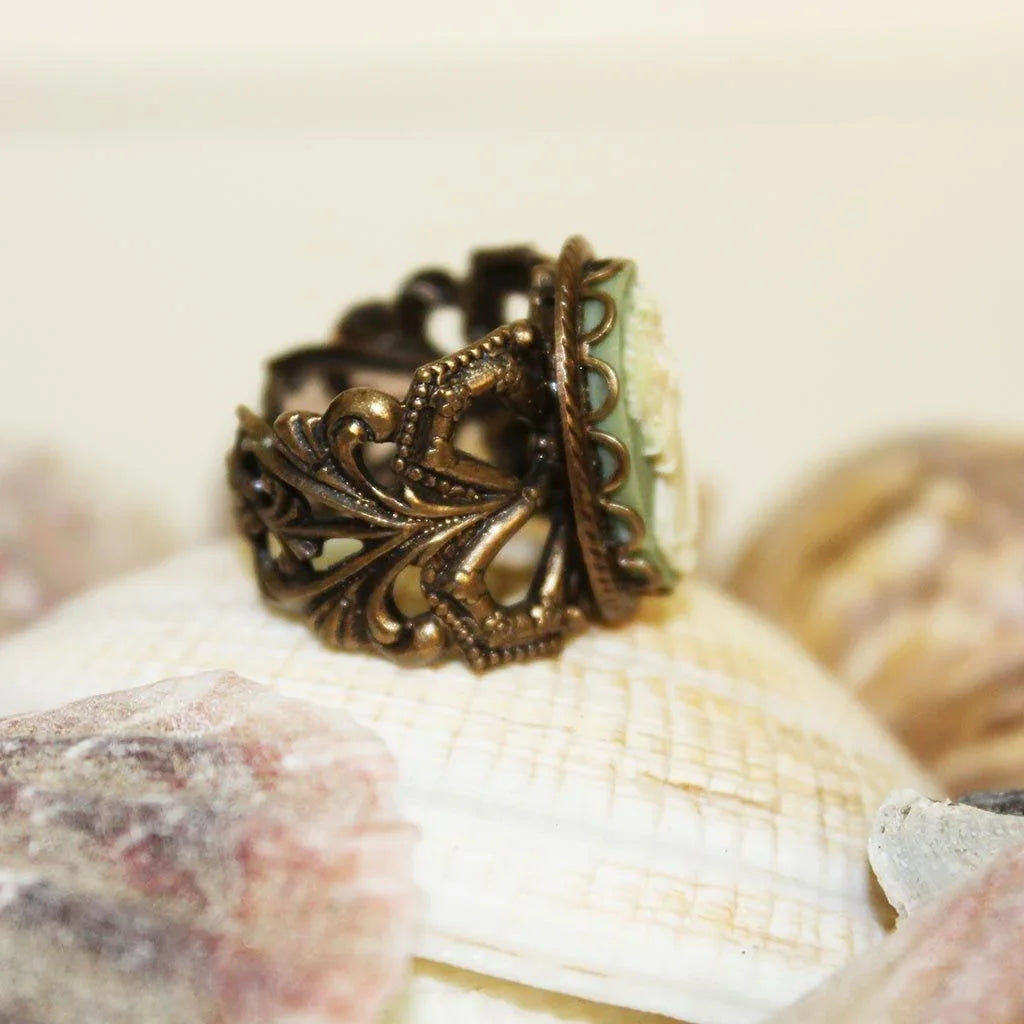 Green Cameo Brass Victorian Ring - Gothic Grace Inc