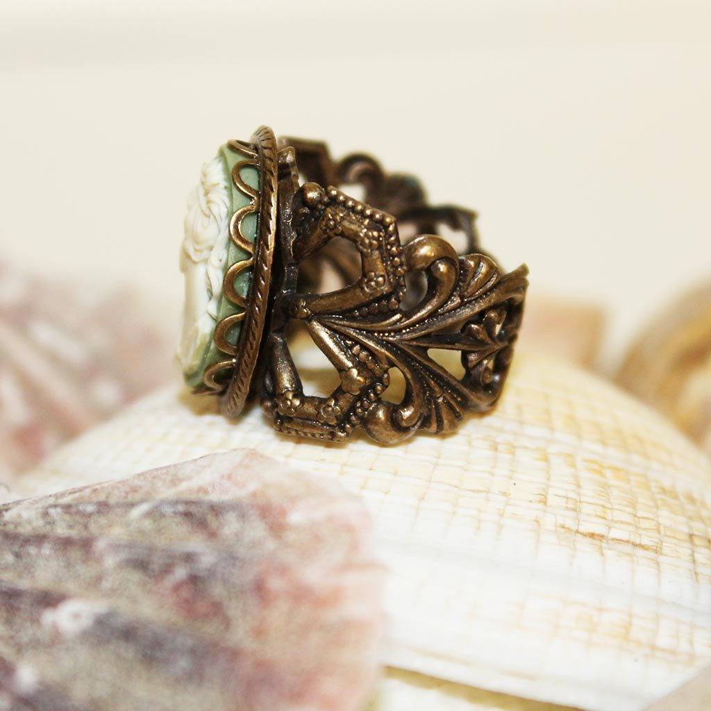 Green Cameo Brass Victorian Ring - Gothic Grace Inc