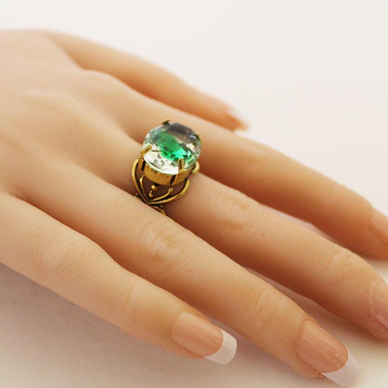 Green Clear Crystal Gold Filigree Adjustable Ring - Gothic Grace Inc