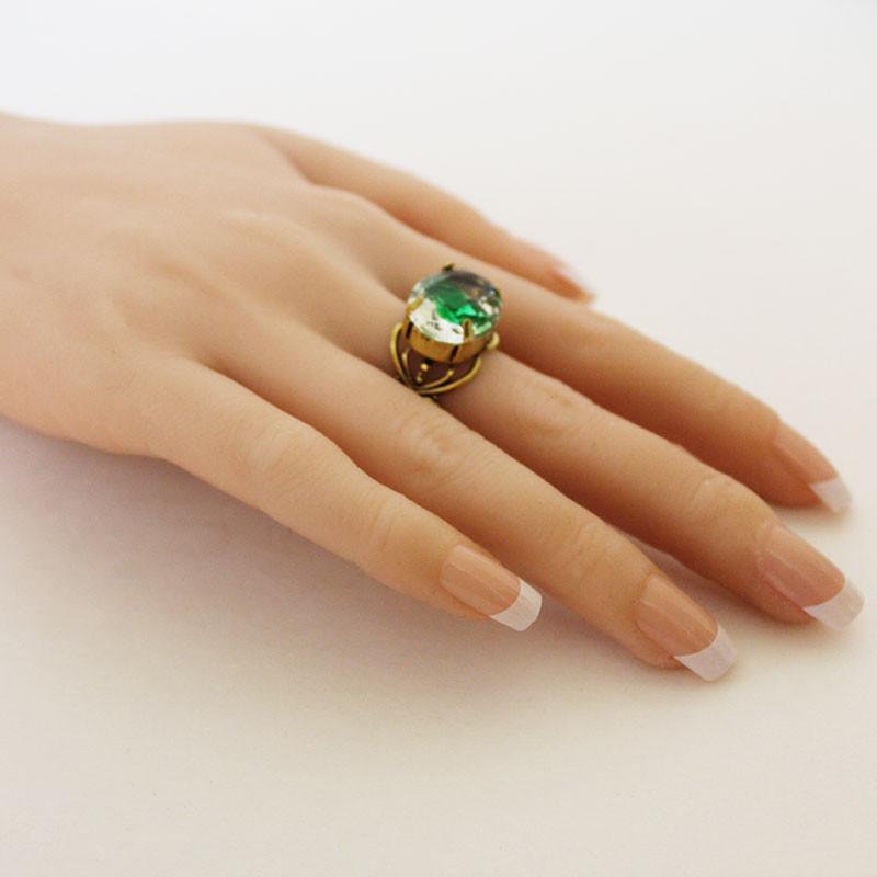 Green Clear Crystal Gold Filigree Adjustable Ring - Gothic Grace Inc