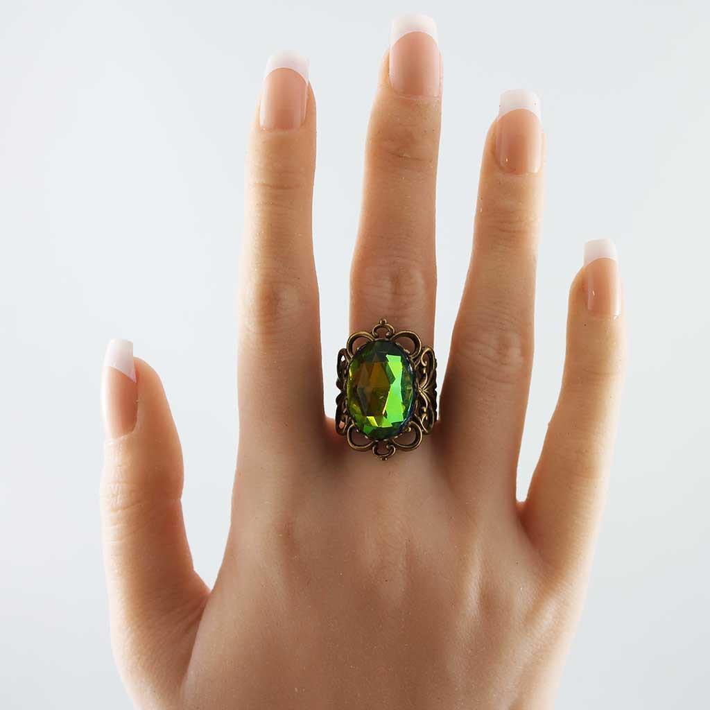 Green Crystal Victorian Filigree Ring - Gothic Grace Inc