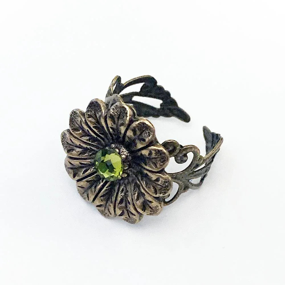 Green Crystal Victorian Floral Ring - Gothic Grace Inc