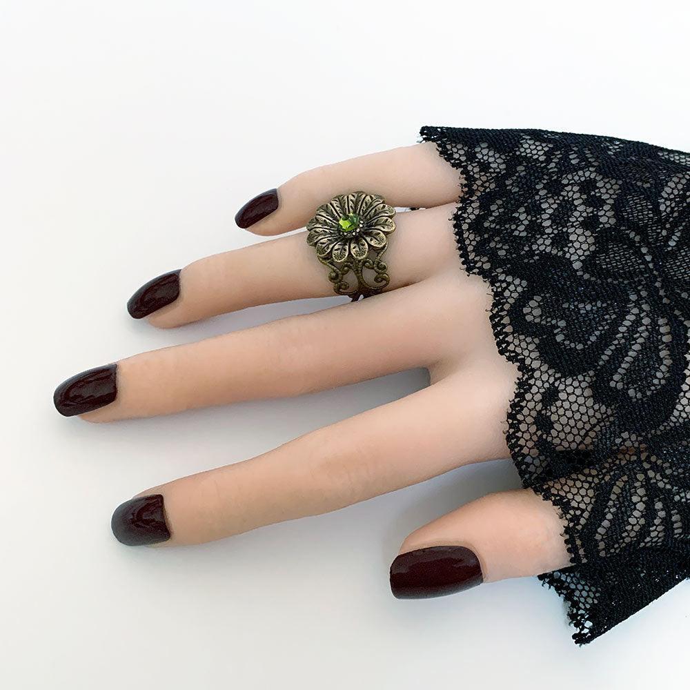 Green Crystal Victorian Floral Ring - Gothic Grace Inc
