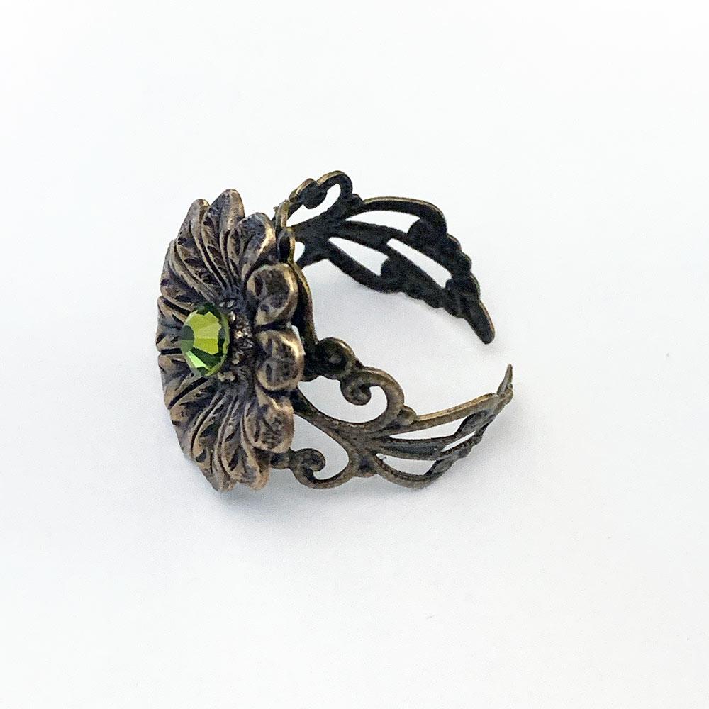 Green Crystal Victorian Floral Ring - Gothic Grace Inc
