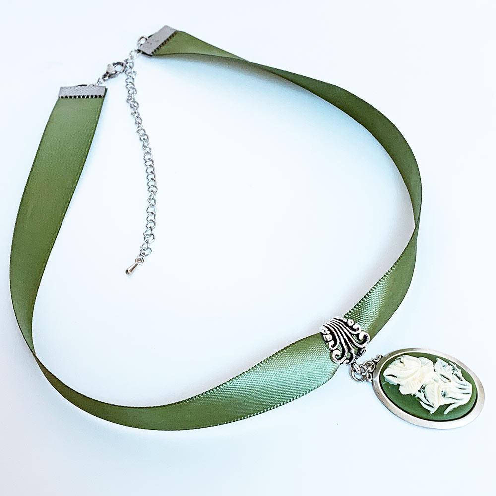 Green Ribbon Flower Cameo Necklace - Gothic Grace Inc