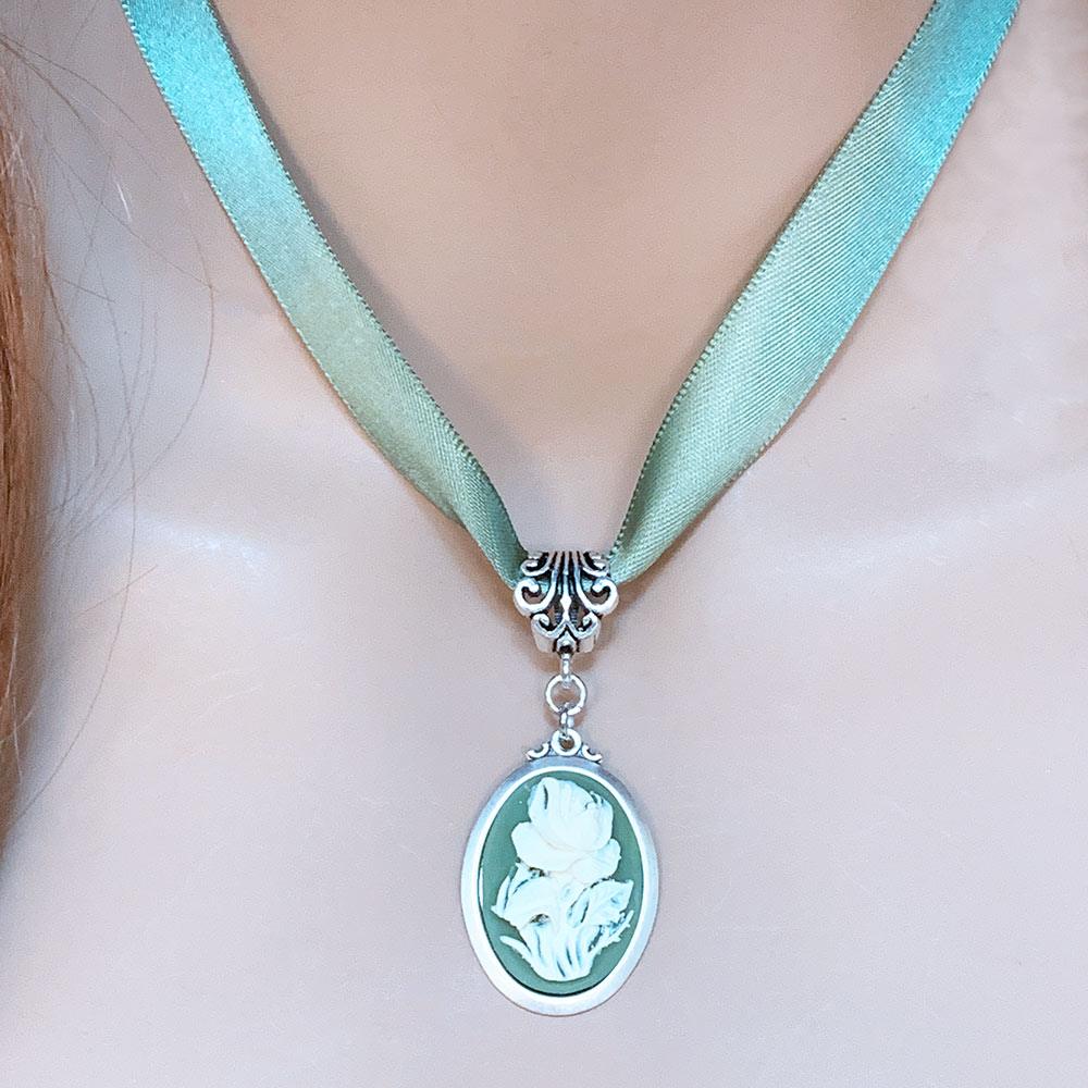 Green Ribbon Flower Cameo Necklace - Gothic Grace Inc