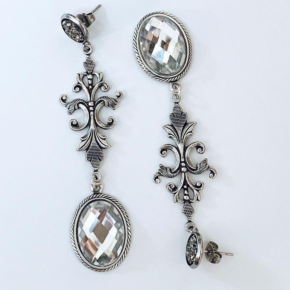 Grey Druzy Clear Crystal Victorian Drop Dangle Earrings - Gothic Grace Inc