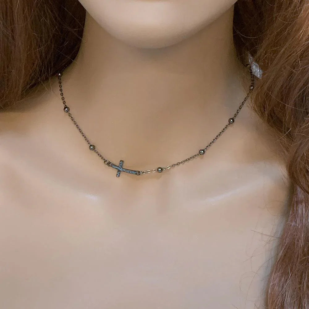 Gunmetal Chain Sideways Cross Necklace - Gothic Grace Inc