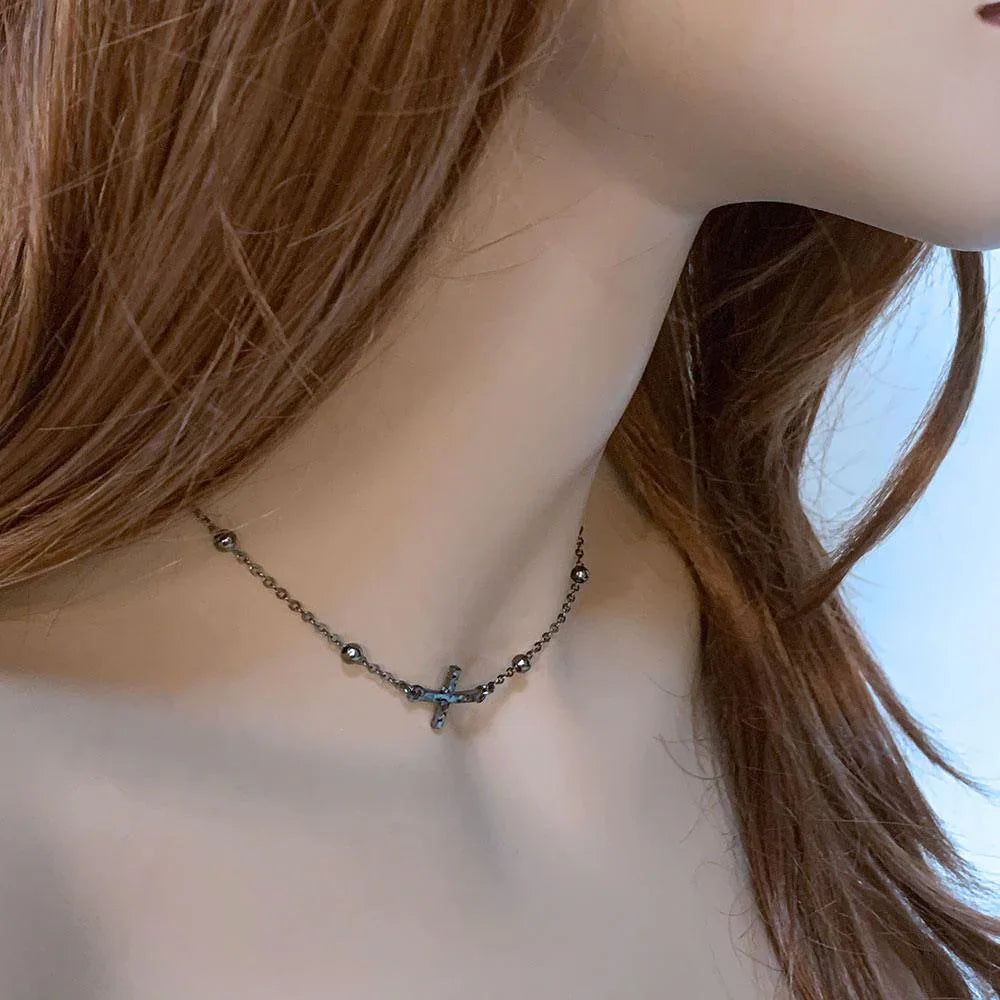 Gunmetal Chain Sideways Cross Necklace - Gothic Grace Inc