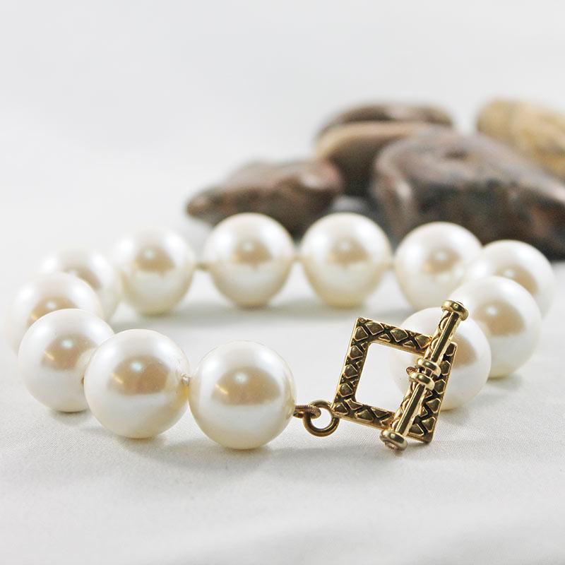 Hand Knotted Large Pearl Bracelet with Gold Toggle Clasp - Gothic Grace Inc