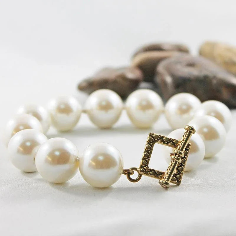 Hand Knotted Large Pearl Bracelet with Gold Toggle Clasp - Gothic Grace Inc