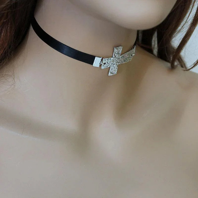 Large Silver Cross Ribbon Choker - Gothic Grace Inc