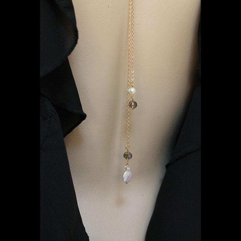 Long Gold Lariat Necklace Backdrop with Pearls and Crystals - Gothic Grace Inc