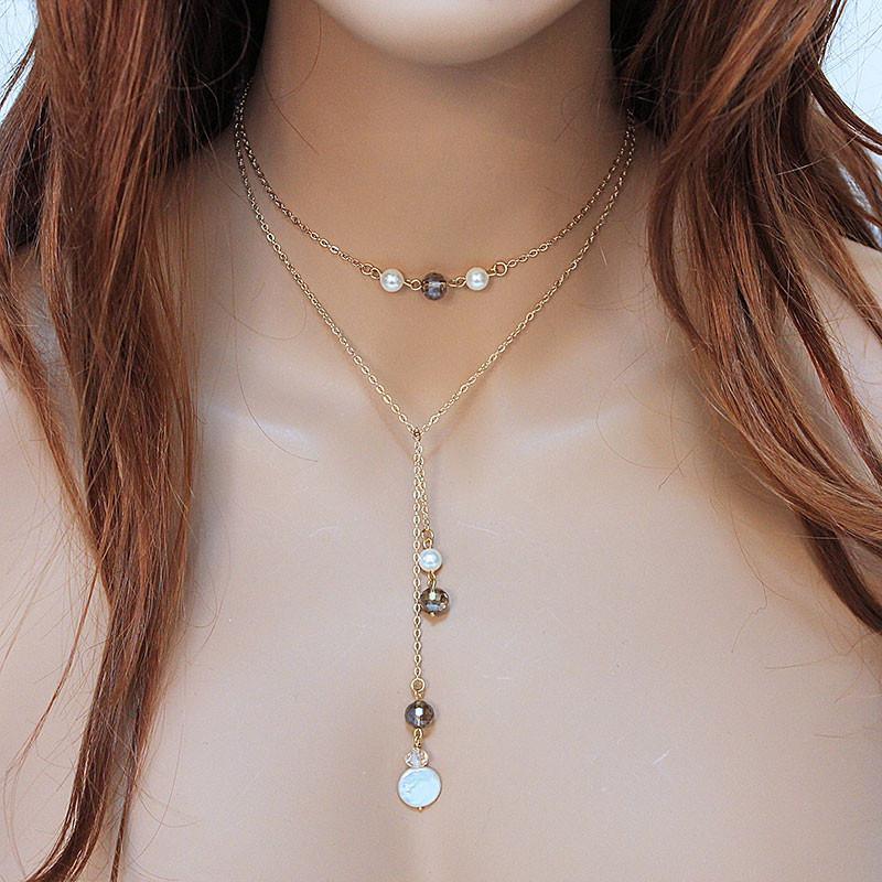 Long Gold Lariat Necklace Backdrop with Pearls and Crystals - Gothic Grace Inc