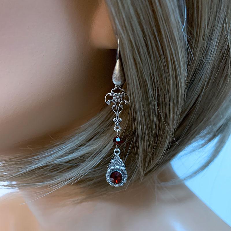Long Red Crystal Victorian Earrings - Gothic Grace Inc