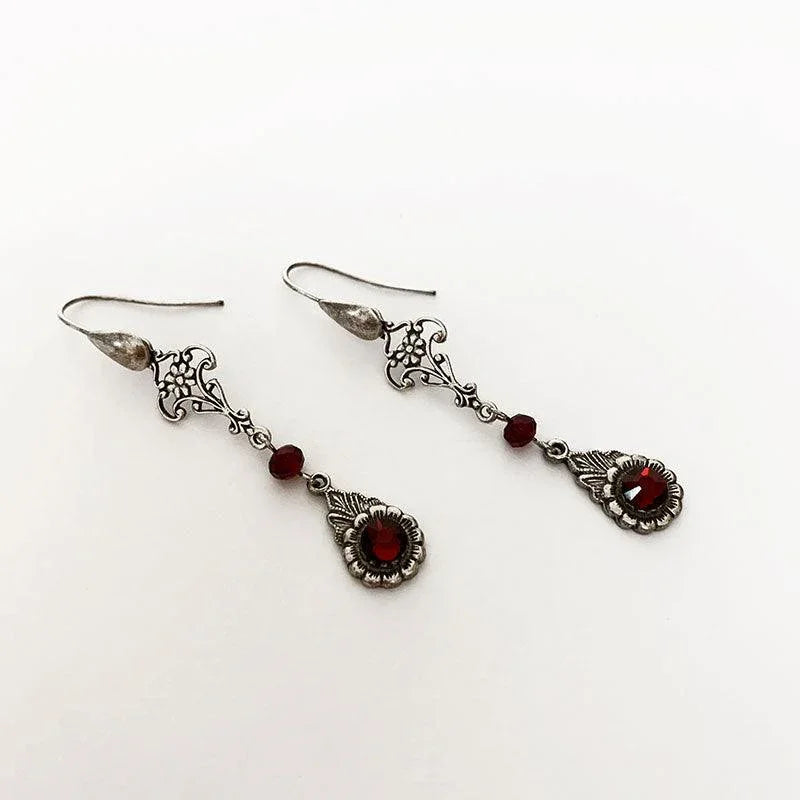 Long Red Crystal Victorian Earrings - Gothic Grace Inc