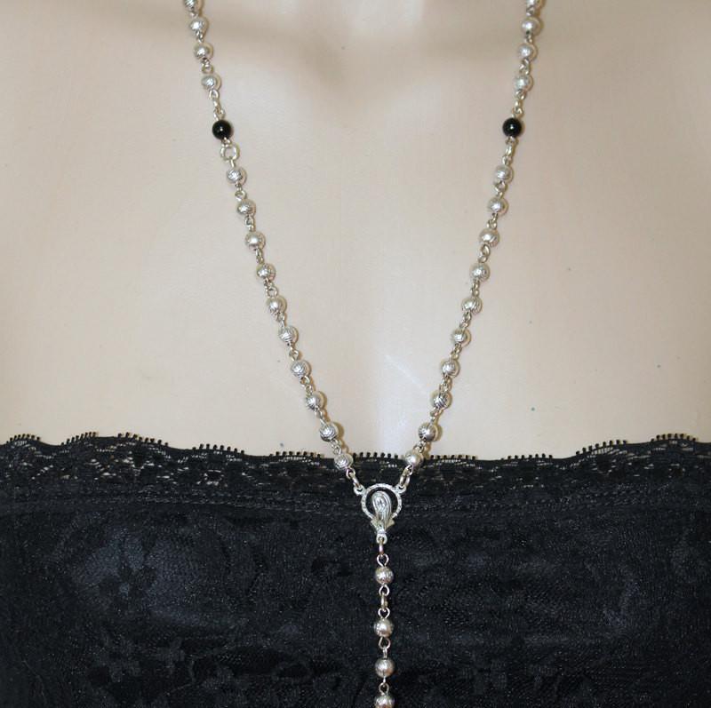 Long Silver Beaded Spiritual Rosary Necklace - Gothic Grace Inc