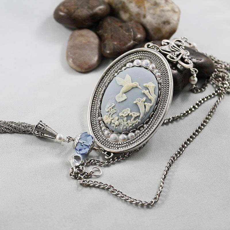 Long Victorian Blue Cameo Pendant Necklace - Gothic Grace Inc
