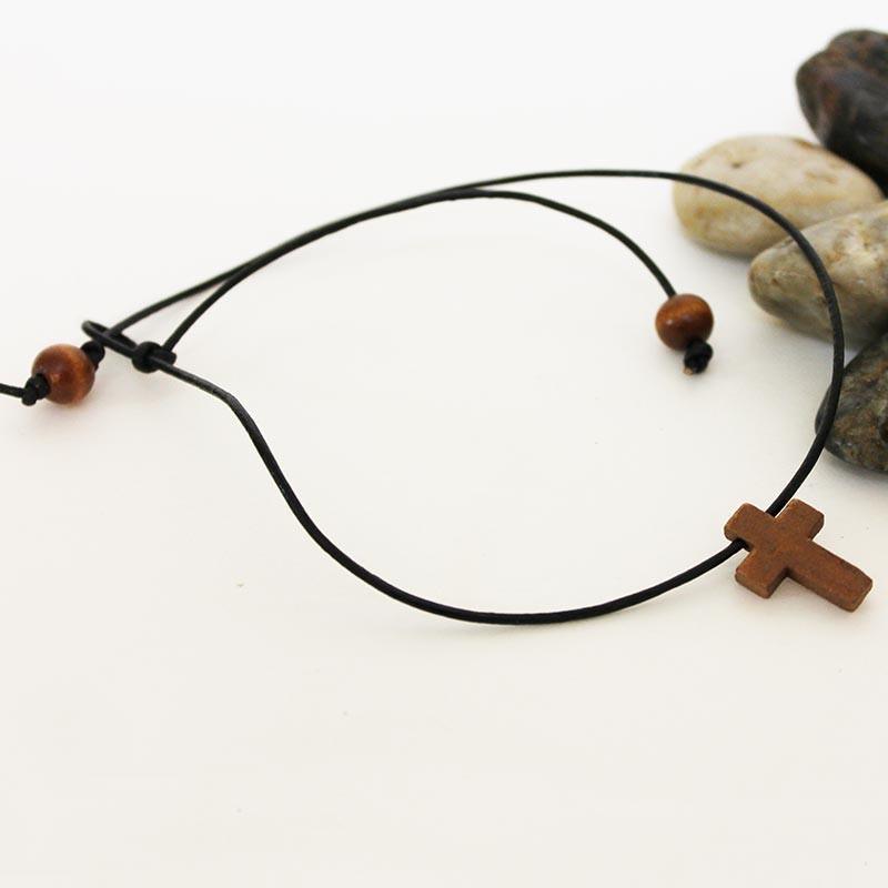 Men's Black Leather Wooden Cross Spiritual Choker Necklace - Gothic Grace Inc